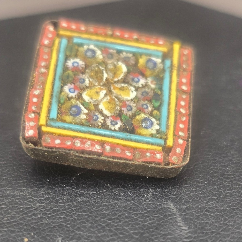 Vintage Estate Micro Mosaic Brooch Multi Color Floral Square Italy 0.75in